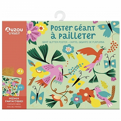 My Activity Pouch: Δημιουργώ Γιγάντια αφίσα Glitter - Πολύχρωμα πουλιά του Δάσους - Auzou
