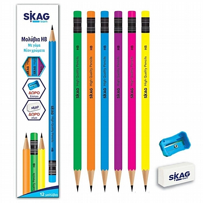 Σετ μολυβιών με σβήστρα με Δώρο ξύστρα & σβήστρα - Neon Στέλεχος (14τμχ./HB) - Skag