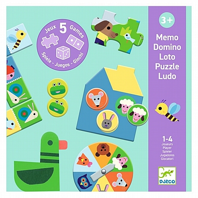 Σετ Επιτραπέζια Μνήμης, Ντόμινο, Λόττο, Παζλ & Ludo - Φάρμα (5 σε 1) - Djeco
