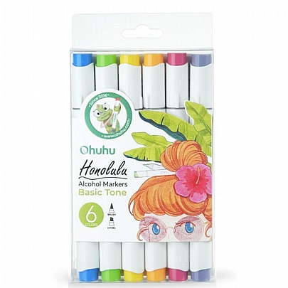 Art Markers: Σετ Μαρκαδόρων Honolulu Alcohol - Basic Tones Brush & Chisel (6 Χρωμάτων) - Ohuhu