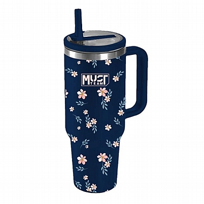 Κούπα Θερμός με Καλαμάκι - Blue Floral (900ml) - Must