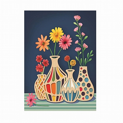 Ευχετήρια Κάρτα με Ξύλινο Κρεμαστό Στολίδι & Φάκελο - Λουλούδια (10.5x11.3) - FunCreations