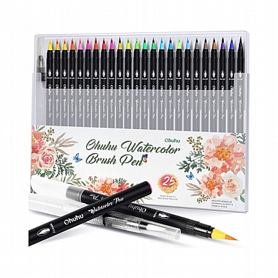 Art Markers: Σετ Μαρκαδόρων Water Based - Basic Tones Brush (24 Χρωμάτων+1 Πινέλο Νερού) - Ohuhu