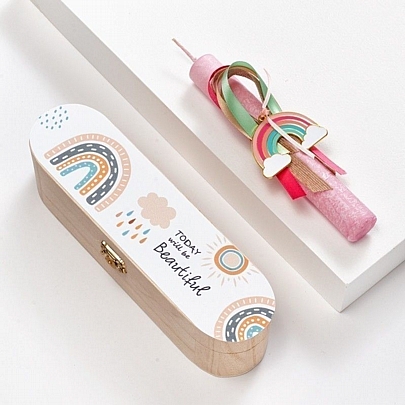 Πασχαλινή Λαμπάδα σε Ξύλινη Κασετίνα Δώρου Αρωματική Ροζ (18εκ.) - Μπρελόκ: Rainbow