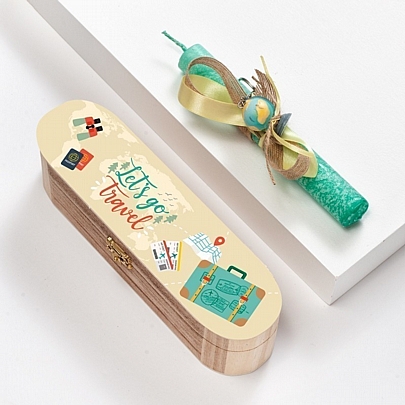 Πασχαλινή Λαμπάδα σε Ξύλινη Κασετίνα Δώρου Αρωματική Πράσινη (18εκ.) - Μπρελόκ: Travel