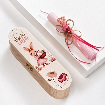 Πασχαλινή Λαμπάδα σε Ξύλινη Κασετίνα Δώρου Αρωματική Ροζ (18εκ.) - Μπουκέτο Λουλουδιών