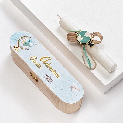 Πασχαλινή Λαμπάδα σε Ξύλινη Κασετίνα Δώρου Αρωματική Άσπρη (18εκ.) - Μπρελόκ: Υδρόγειος Σφαίρα