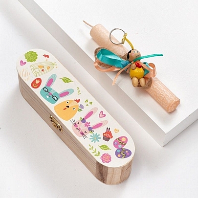 Πασχαλινή Λαμπάδα σε Ξύλινη Κασετίνα Δώρου Αρωματική Σομόν (18εκ.) - Μπρελόκ: Αγγελάκι