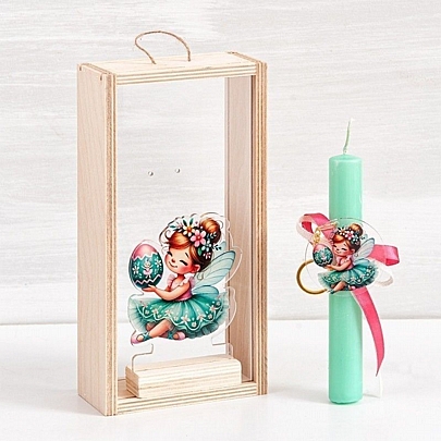 Πασχαλινή Λαμπάδα σε Ξύλινο Κουτί με Plexiglass Αρωματική Βεραμάν (18εκ.) - Μπρελόκ: Νεράιδα