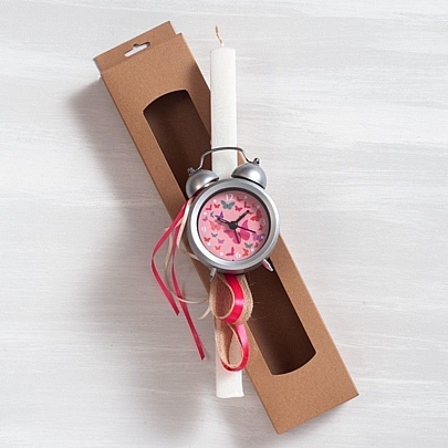 Πασχαλινή Λαμπάδα Αρωματική Άσπρη (30εκ.) - Ρολόι: Πεταλούδες