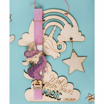 Πασχαλινή λαμπάδα Αρωματική Ροζ (25εκ.) - Ξύλινο Κάδρο & Μαγνητάκι: Μονόκερος Χρυσόσκονη