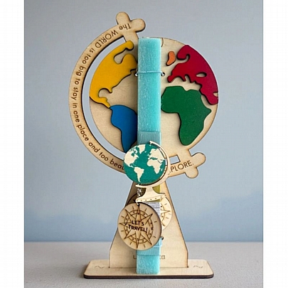 Πασχαλινή λαμπάδα Αρωματική Γαλάζια (25εκ.) - Ξύλινο Κάδρο, Μαγνητάκι & Μπρελόκ: Υδρόγειος & Πυξίδα