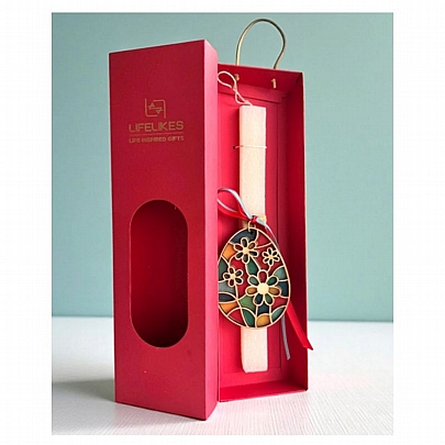 Πασχαλινή λαμπάδα Αρωματική Άσπρη (25εκ.) - Ξύλινο Μαγνητάκι: Αυγό Λουλούδια