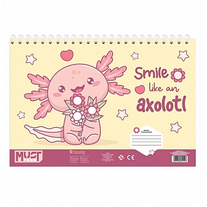 Μπλοκ ζωγραφικής σπιράλ με Αυτοκόλλητα & Στένσιλ A4 - Smile like an Axoloti (40Φ.) - Must