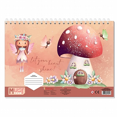 Μπλοκ ζωγραφικής σπιράλ με Αυτοκόλλητα & Στένσιλ A4 - Fairy by the Mushroom House (40Φ.) - Must