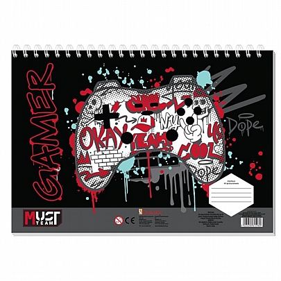 Μπλοκ ζωγραφικής σπιράλ με Αυτοκόλλητα & Στένσιλ A4 - Gamer (40Φ.) - Must