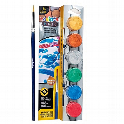 Τέμπερες 6 χρωμάτων & Πινέλο - Metallic Colours (6x25ml) - Carioca Tempera